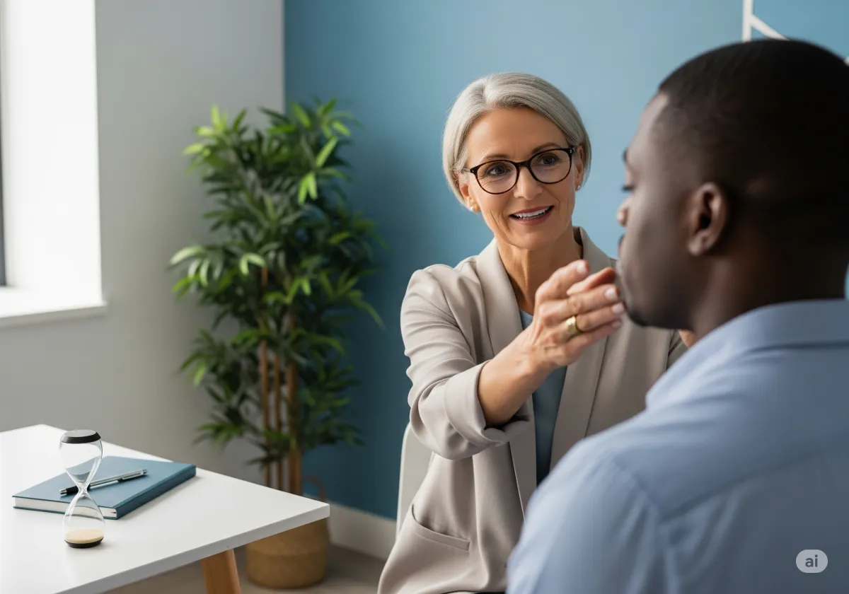 Acceptance and Commitment Therapy session at Cornerstone Wellness Center in Medina, OH, highlighting the supportive relationship between therapist and client in a nurturing environment.
