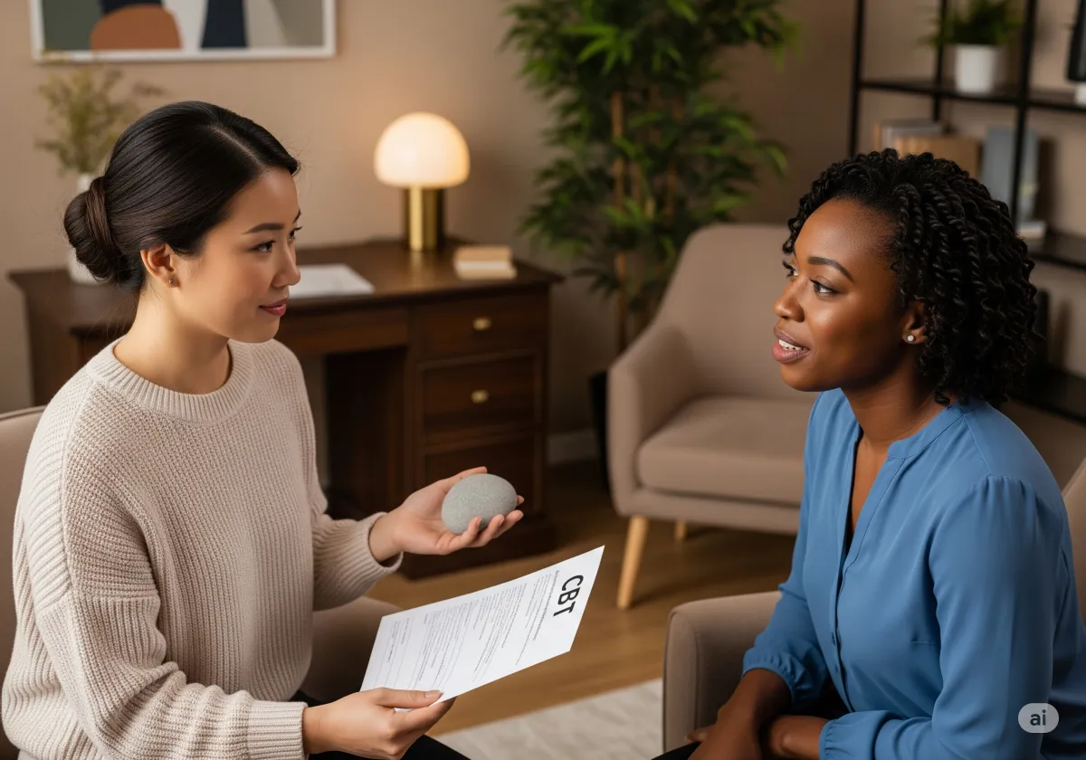 Acceptance and Commitment Therapy session at Cornerstone Wellness Center in Medina, OH, highlighting the supportive relationship between therapist and client in a nurturing environment.
