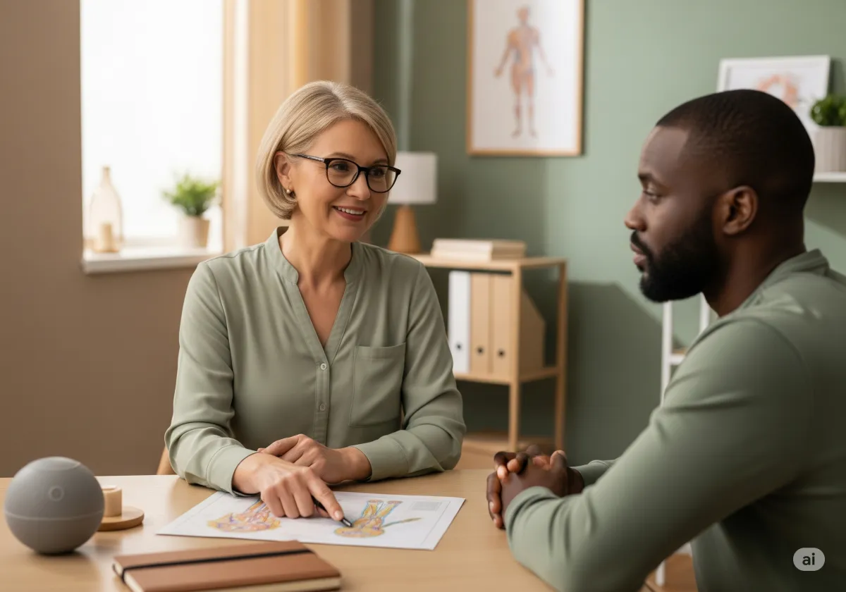 ACT therapy session at Cornerstone Wellness Center in Medina, OH, with therapist Christine Zeh and a middle-aged Asian American female client in a welcoming environment.