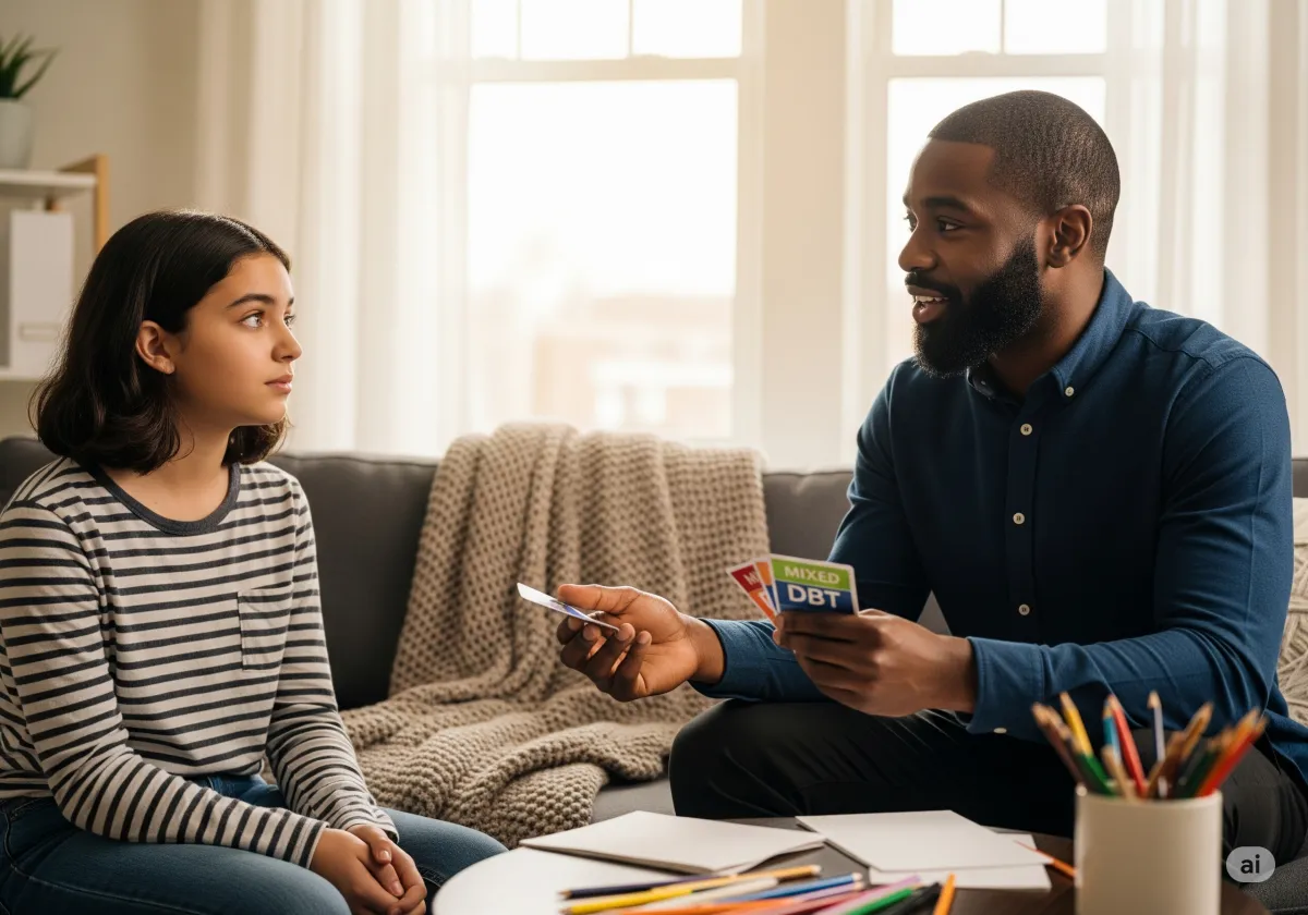ACT therapy session at Cornerstone Wellness Center in Medina, OH, with therapist David Reece and a Latina teen client in a bright, encouraging therapy space.
