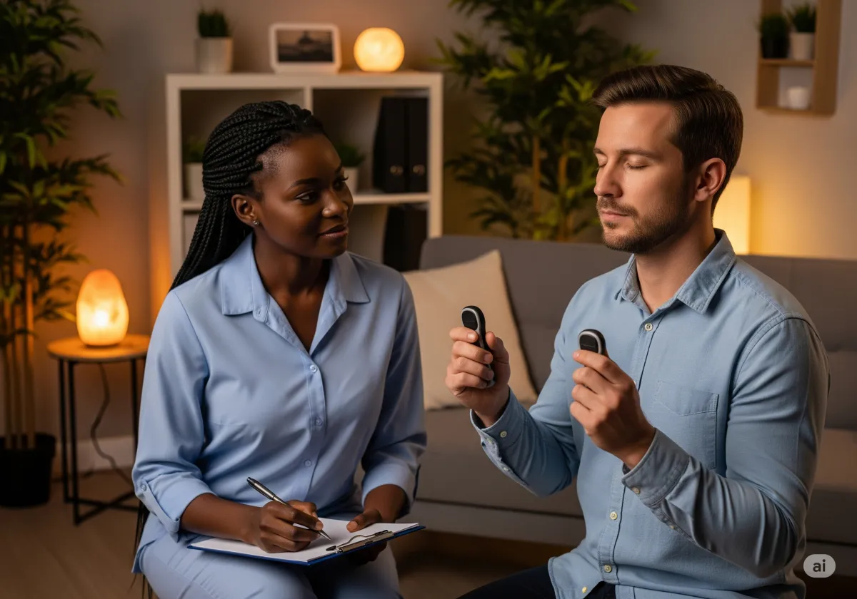 Acceptance and Commitment Therapy session at Cornerstone Wellness Center in Medina, OH, highlighting the supportive relationship between therapist and client in a nurturing environment.