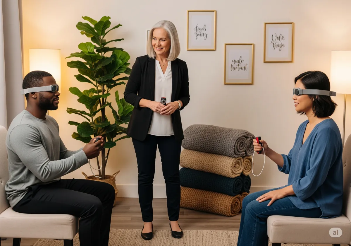 A supportive ACT therapy moment at Cornerstone Wellness Center in Medina, OH, depicting a therapist and client during a transformative breakthrough in a caring setting.