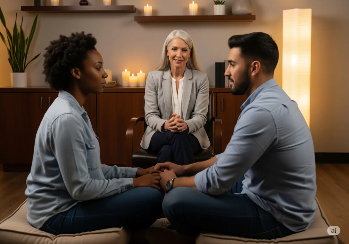 ACT therapy session at Cornerstone Wellness Center in Medina, OH, with therapist Amanda Hill and a young African American male client in a peaceful therapy room.