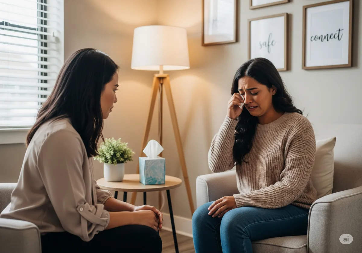 A supportive ACT therapy moment at Cornerstone Wellness Center in Medina, OH, depicting a therapist and client during a transformative breakthrough in a caring setting.