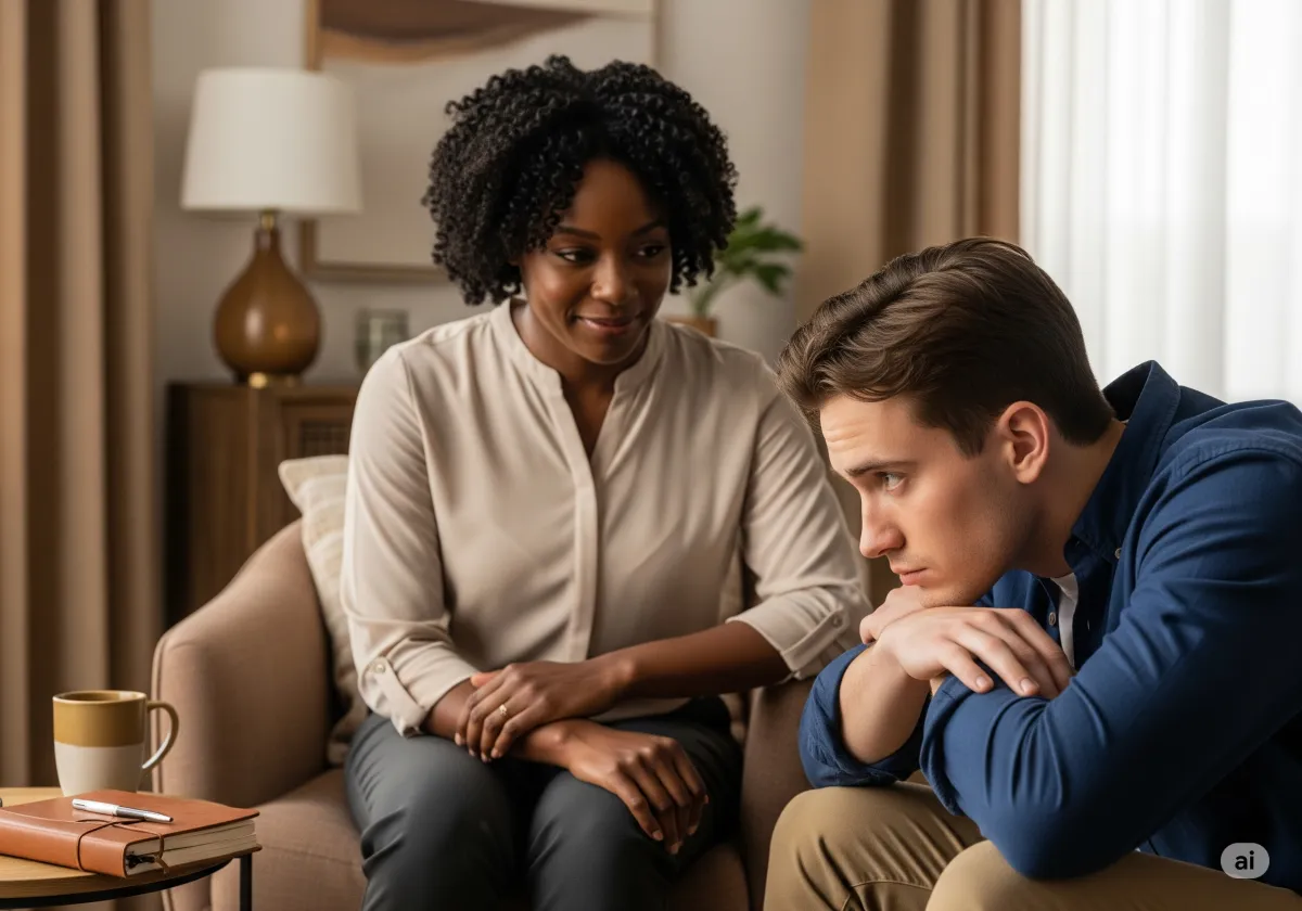 Acceptance and Commitment Therapy session at Cornerstone Wellness Center in Medina, OH, highlighting the supportive relationship between therapist and client in a nurturing environment.