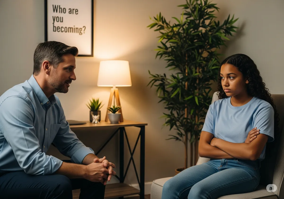 ACT therapy session at Cornerstone Wellness Center in Medina, OH, with therapist Amanda Hill and a young African American male client in a peaceful therapy room.