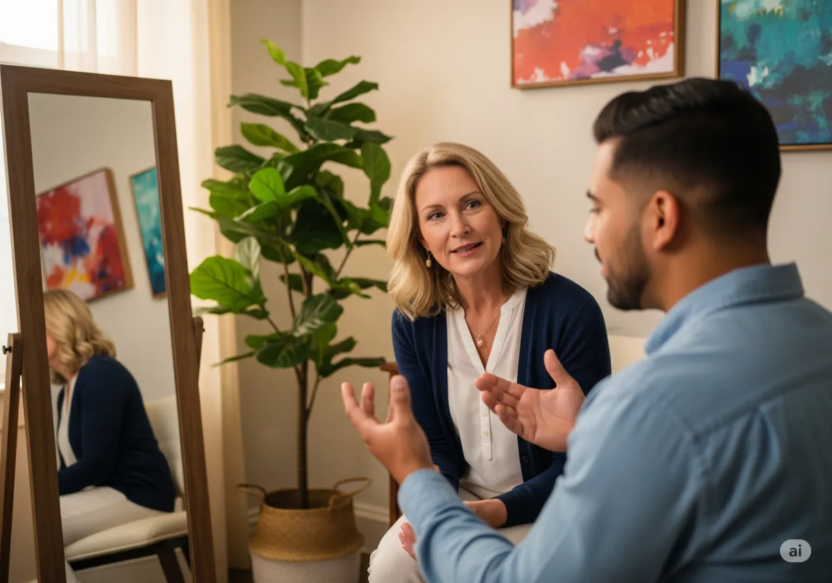 Acceptance and Commitment Therapy session at Cornerstone Wellness Center in Medina, OH, highlighting the supportive relationship between therapist and client in a nurturing environment.