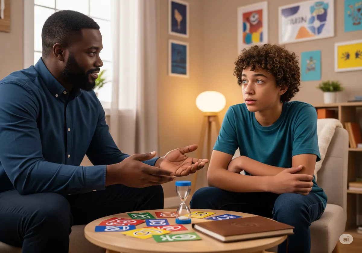 ACT therapy session at Cornerstone Wellness Center in Medina, OH, with therapist Amanda Hill and a young African American male client in a peaceful therapy room.