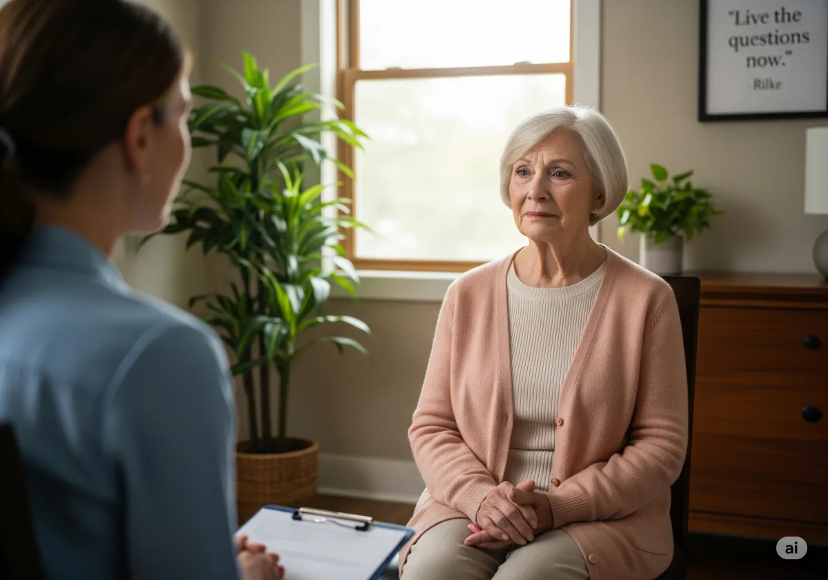 A supportive Gestalt therapy moment at Cornerstone Wellness Center in Medina, OH, depicting a therapist and client during a transformative breakthrough in a caring setting.