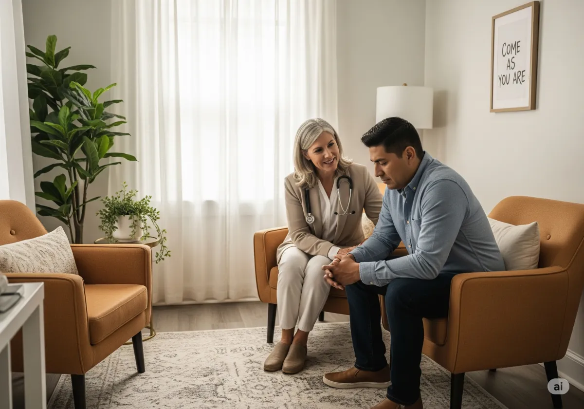 Acceptance and Commitment Therapy session at Cornerstone Wellness Center in Medina, OH, highlighting the supportive relationship between therapist and client in a nurturing environment.