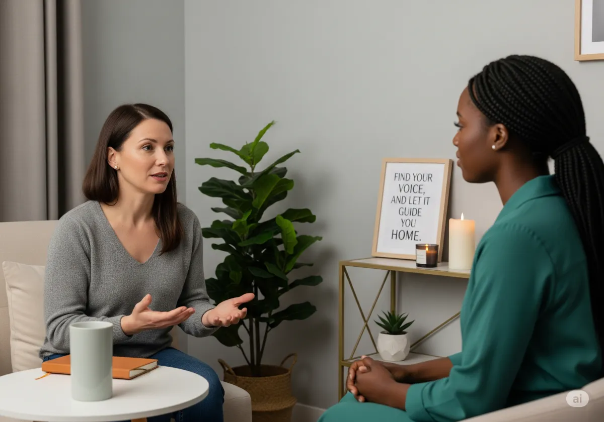 A supportive ACT therapy moment at Cornerstone Wellness Center in Medina, OH, depicting a therapist and client during a transformative breakthrough in a caring setting.