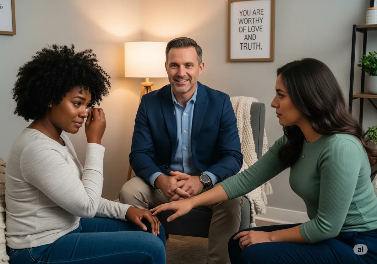 ACT therapy session at Cornerstone Wellness Center in Medina, OH, with therapist Christine Zeh and a middle-aged Asian American female client in a welcoming environment.