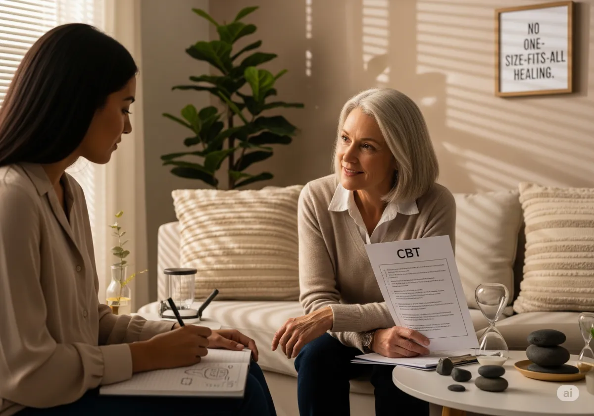 Acceptance and Commitment Therapy session at Cornerstone Wellness Center in Medina, OH, highlighting the supportive relationship between therapist and client in a nurturing environment.