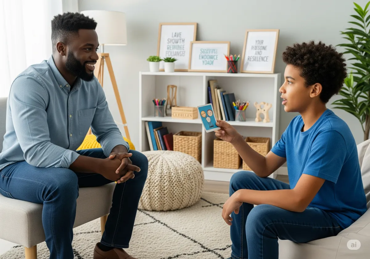 ACT therapy session at Cornerstone Wellness Center in Medina, OH, with therapist Amanda Hill and a young African American male client in a peaceful therapy room.