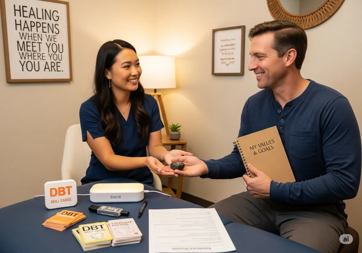 A supportive ACT therapy moment at Cornerstone Wellness Center in Medina, OH, depicting a therapist and client during a transformative breakthrough in a caring setting.