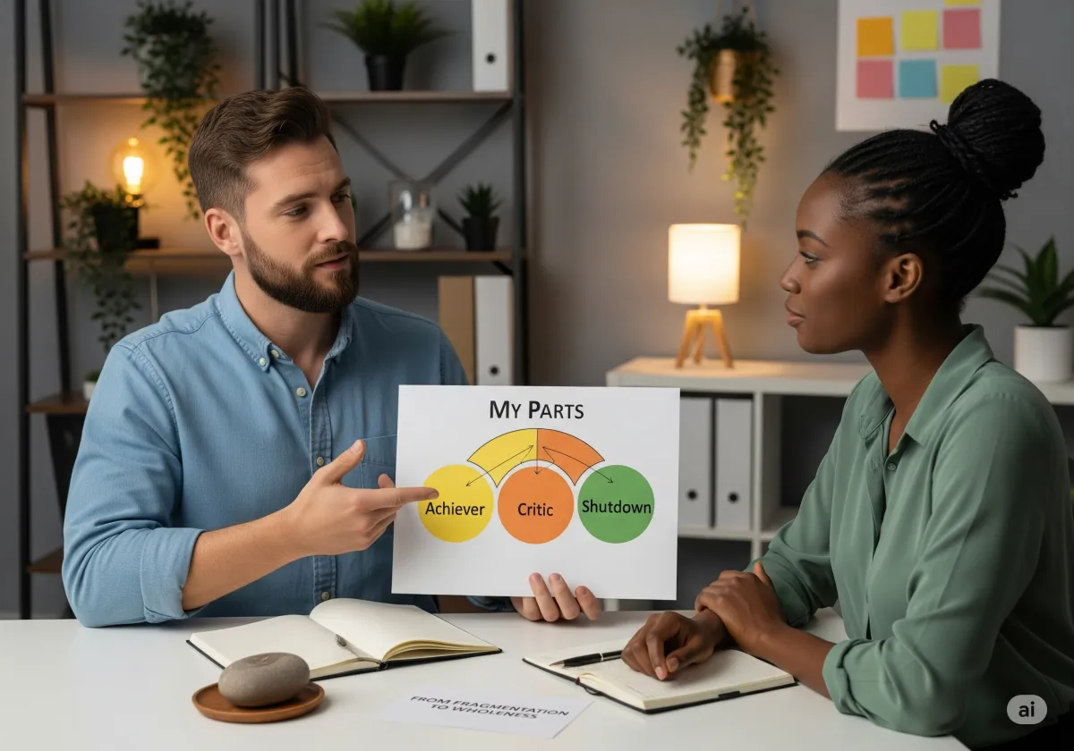 A supportive ACT therapy moment at Cornerstone Wellness Center in Medina, OH, depicting a therapist and client during a transformative breakthrough in a caring setting.