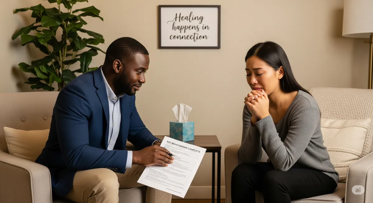 Acceptance and Commitment Therapy session at Cornerstone Wellness Center in Medina, OH, highlighting the supportive relationship between therapist and client in a nurturing environment.