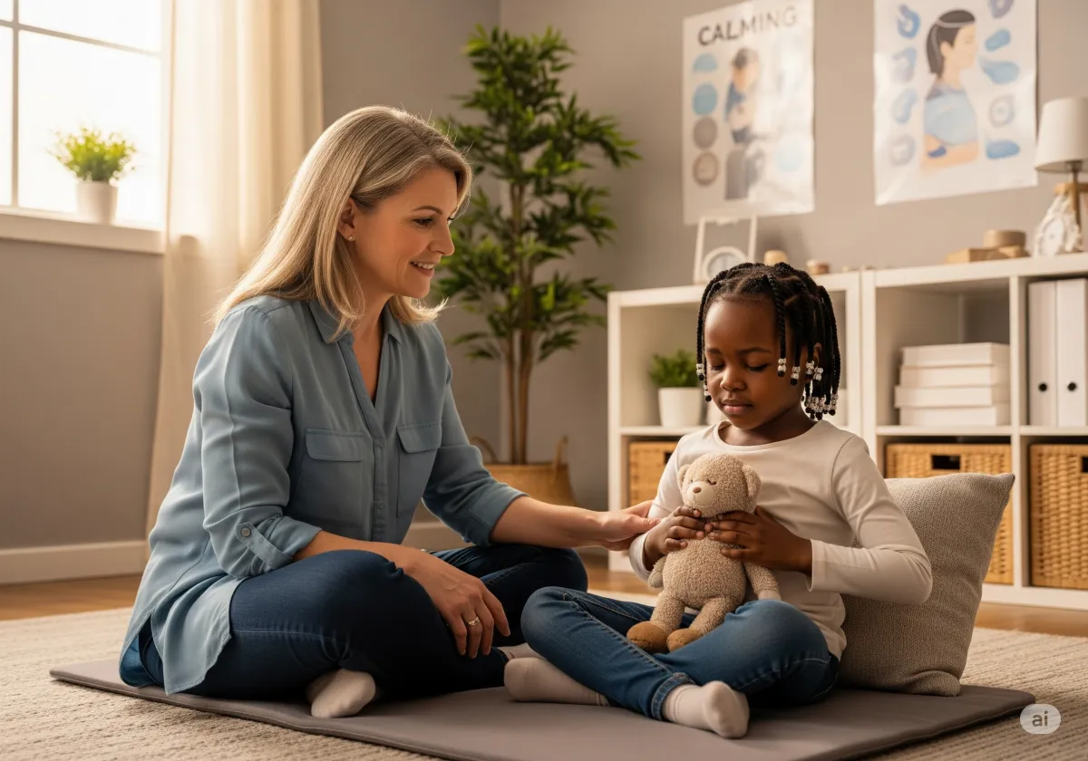 ACT therapy session at Cornerstone Wellness Center in Medina, OH, with therapist Christine Zeh and a middle-aged Asian American female client in a welcoming environment.