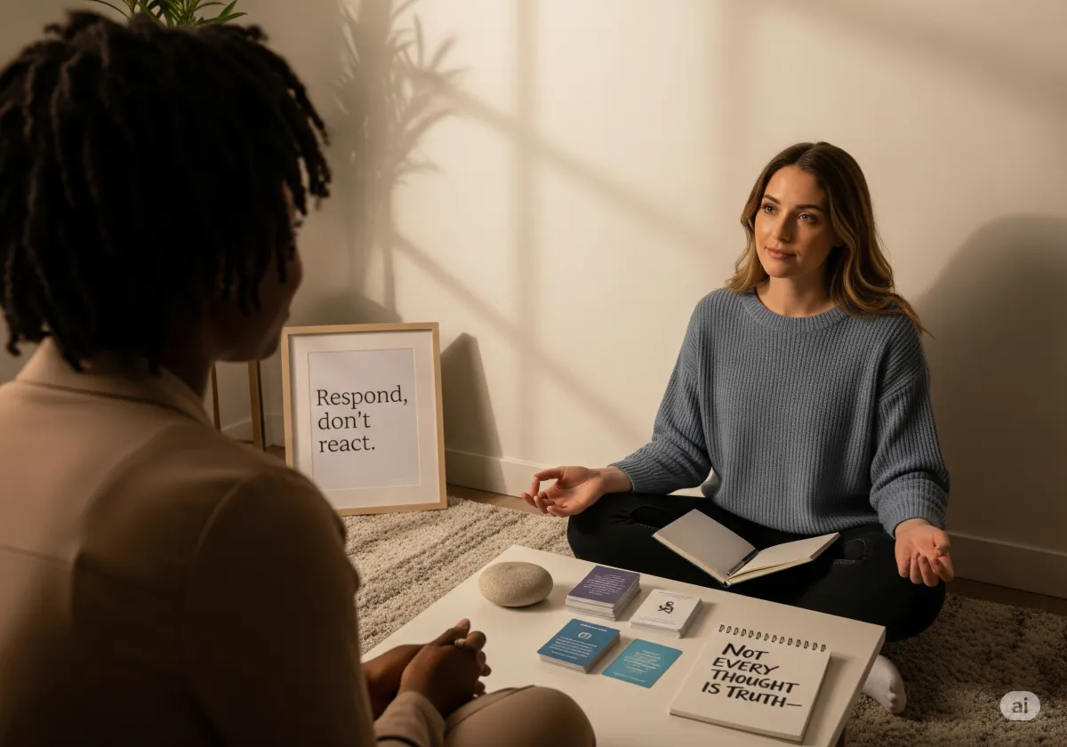 A supportive ACT therapy moment at Cornerstone Wellness Center in Medina, OH, depicting a therapist and client during a transformative breakthrough in a caring setting.