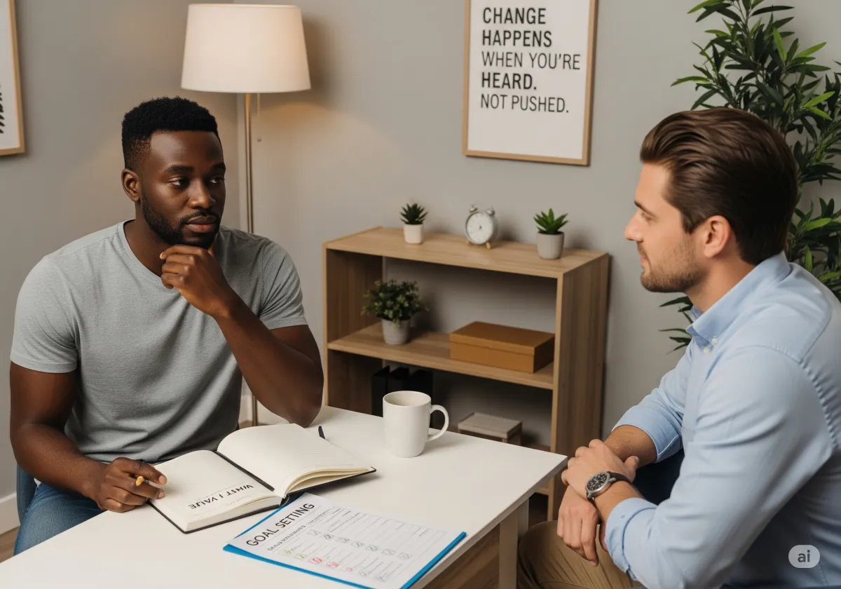 A supportive ACT therapy moment at Cornerstone Wellness Center in Medina, OH, depicting a therapist and client during a transformative breakthrough in a caring setting.