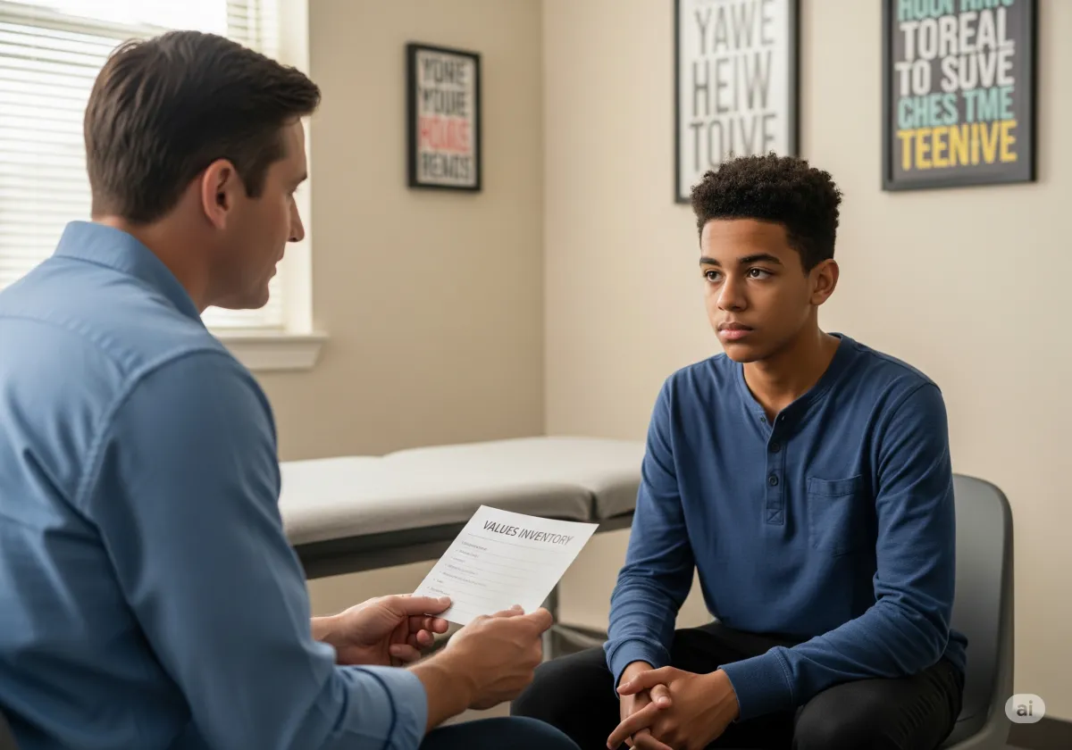 ACT therapy session at Cornerstone Wellness Center in Medina, OH, with therapist Amanda Hill and a young African American male client in a peaceful therapy room.