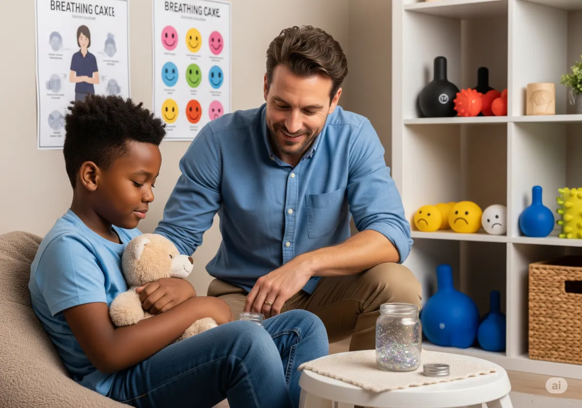 ACT therapy session at Cornerstone Wellness Center in Medina, OH, with therapist David Reece and a Latina teen client in a bright, encouraging therapy space.