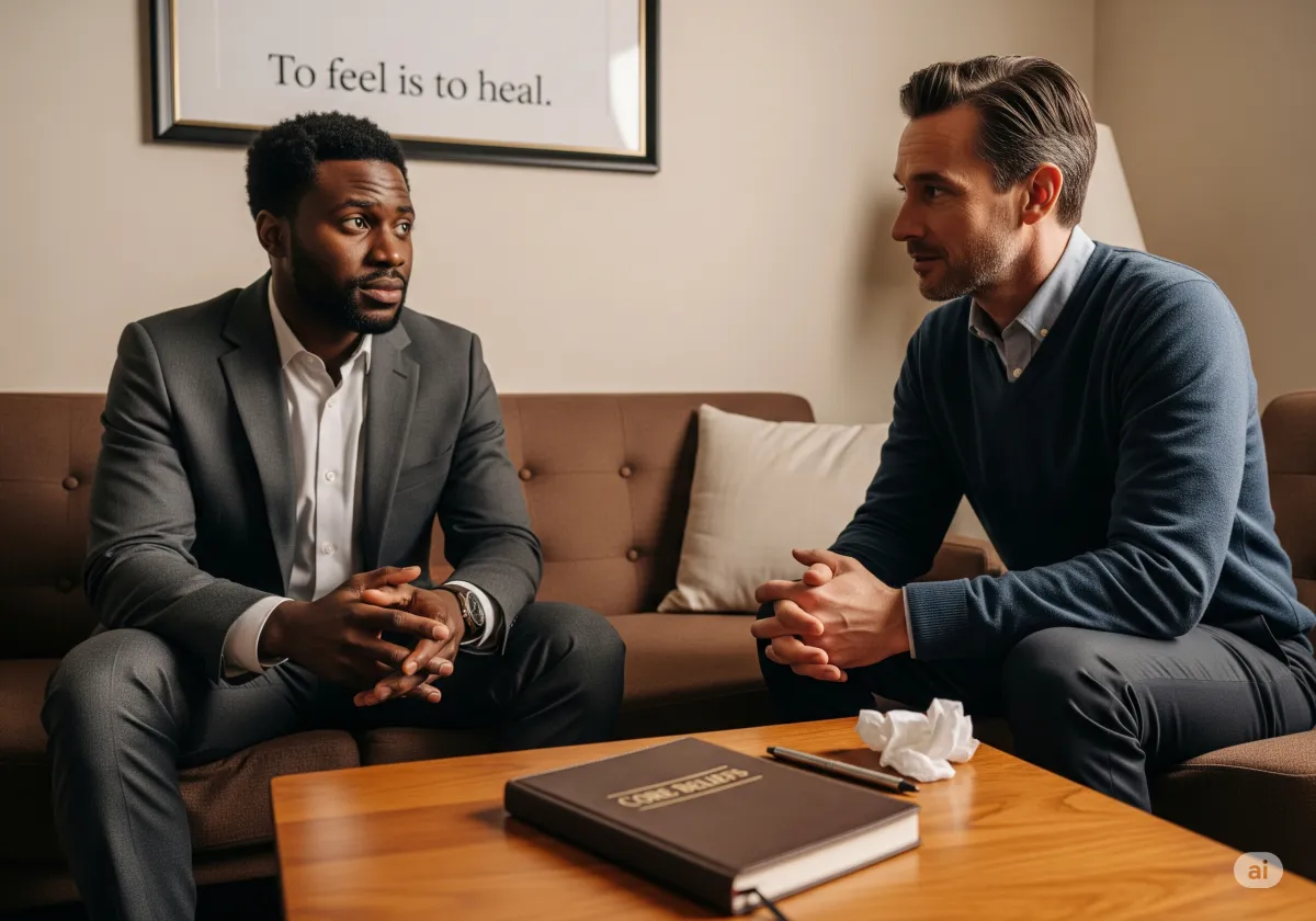 A supportive ACT therapy moment at Cornerstone Wellness Center in Medina, OH, depicting a therapist and client during a transformative breakthrough in a caring setting.