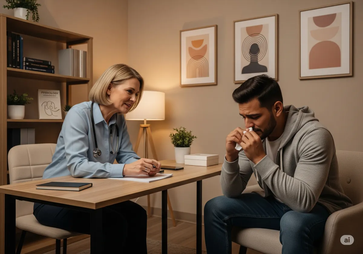 ACT therapy session at Cornerstone Wellness Center in Medina, OH, with therapist David Reece and a Latina teen client in a bright, encouraging therapy space.