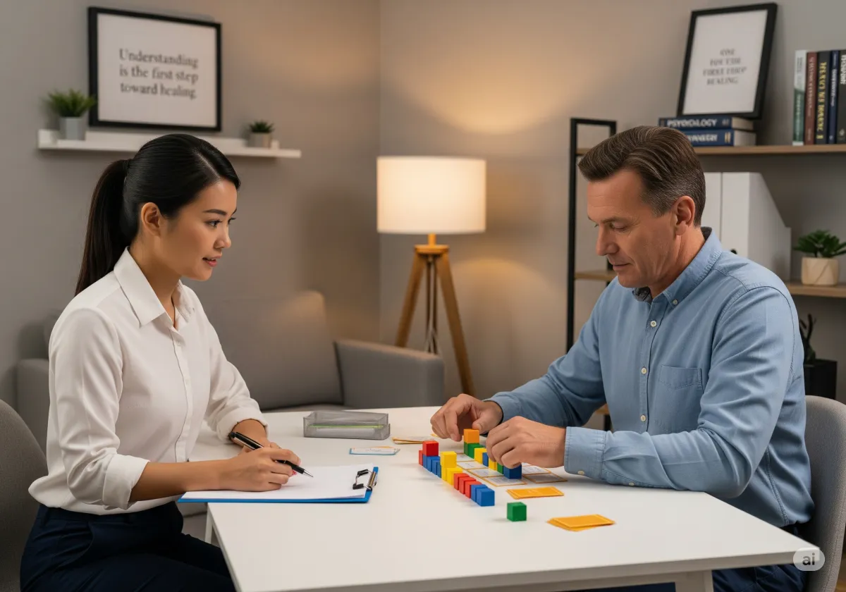 ACT therapy session at Cornerstone Wellness Center in Medina, OH, with therapist Christine Zeh and a middle-aged Asian American female client in a welcoming environment.