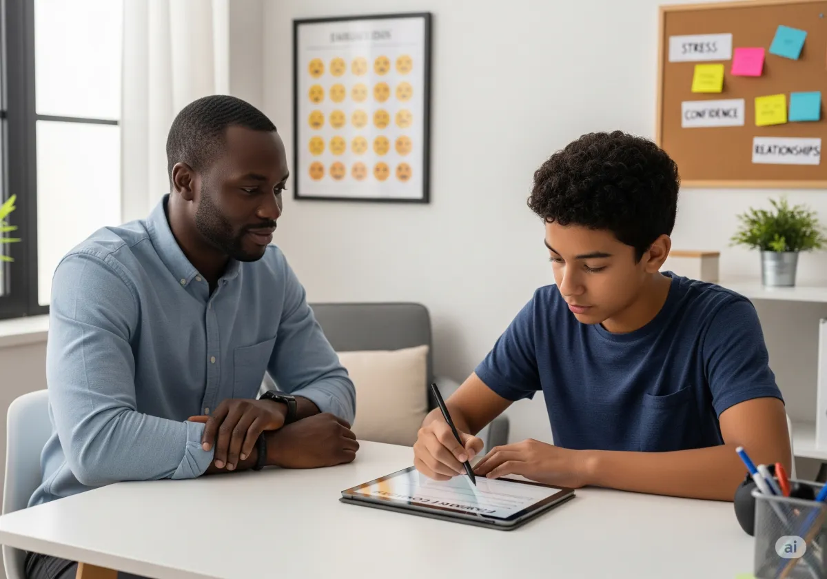 ACT therapy session at Cornerstone Wellness Center in Medina, OH, with therapist David Reece and a Latina teen client in a bright, encouraging therapy space.