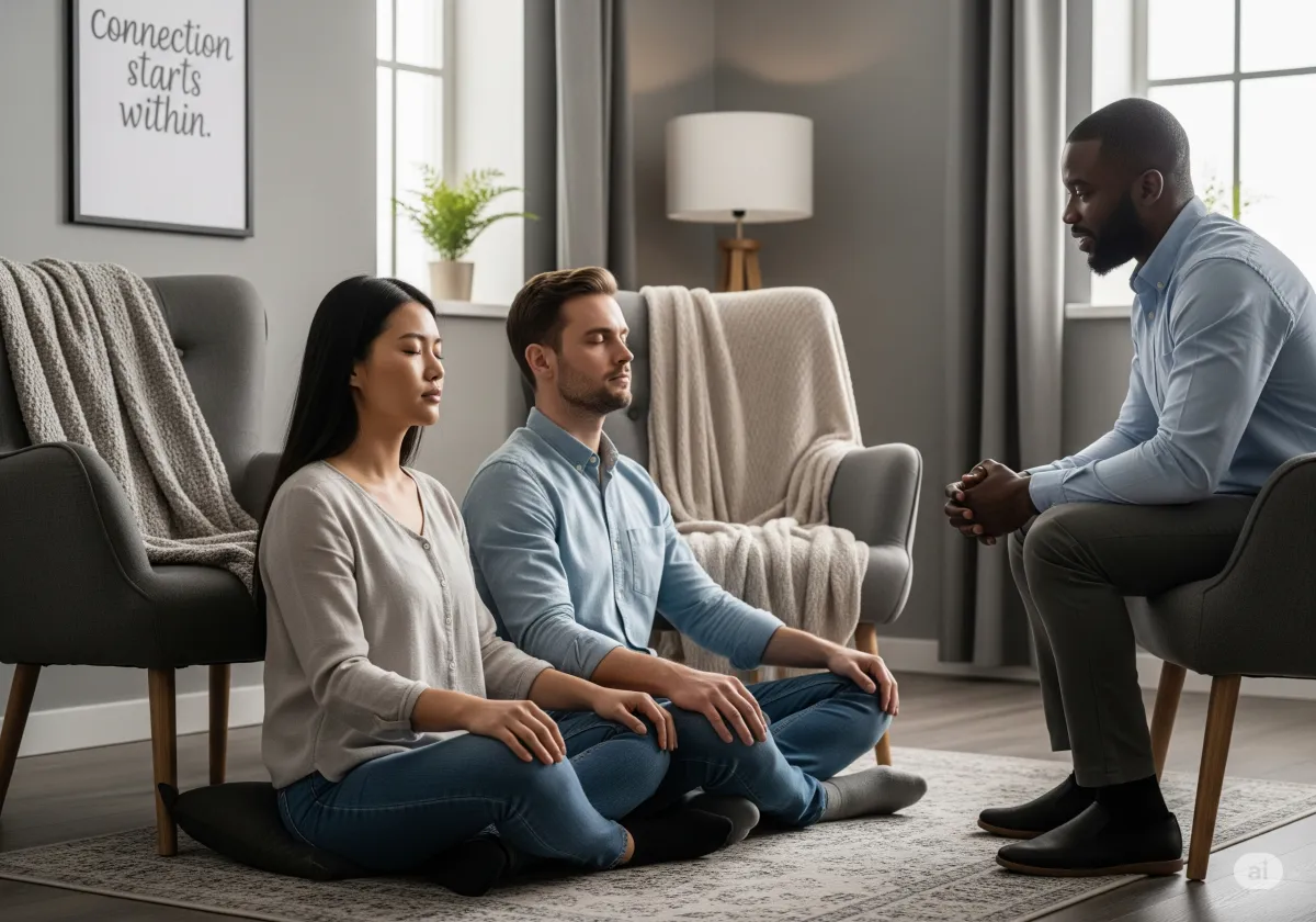 Acceptance and Commitment Therapy session at Cornerstone Wellness Center in Medina, OH, highlighting the supportive relationship between therapist and client in a nurturing environment.
