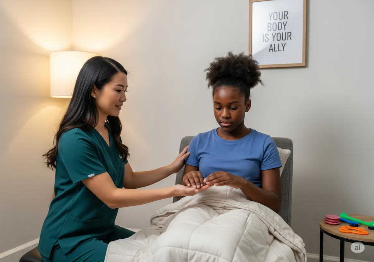 ACT therapy session at Cornerstone Wellness Center in Medina, OH, with therapist Christine Zeh and a middle-aged Asian American female client in a welcoming environment.
