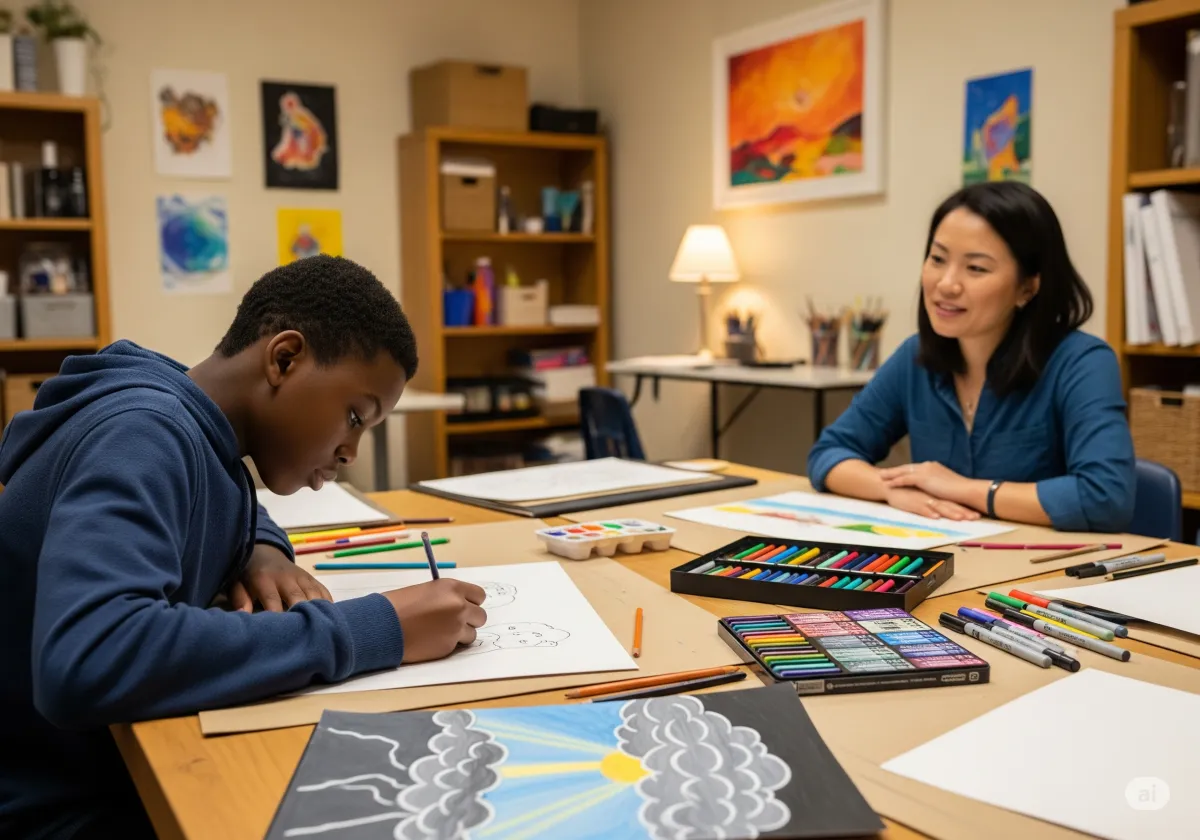 A supportive ACT therapy moment at Cornerstone Wellness Center in Medina, OH, depicting a therapist and client during a transformative breakthrough in a caring setting.