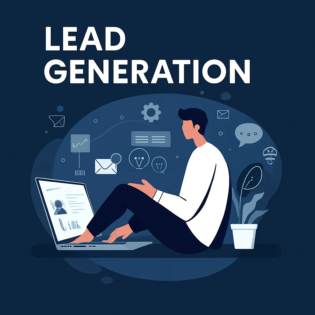 Person sitting with laptop focused on lead generation, surrounded by digital marketing icons and a plant, emphasizing smart website strategies.