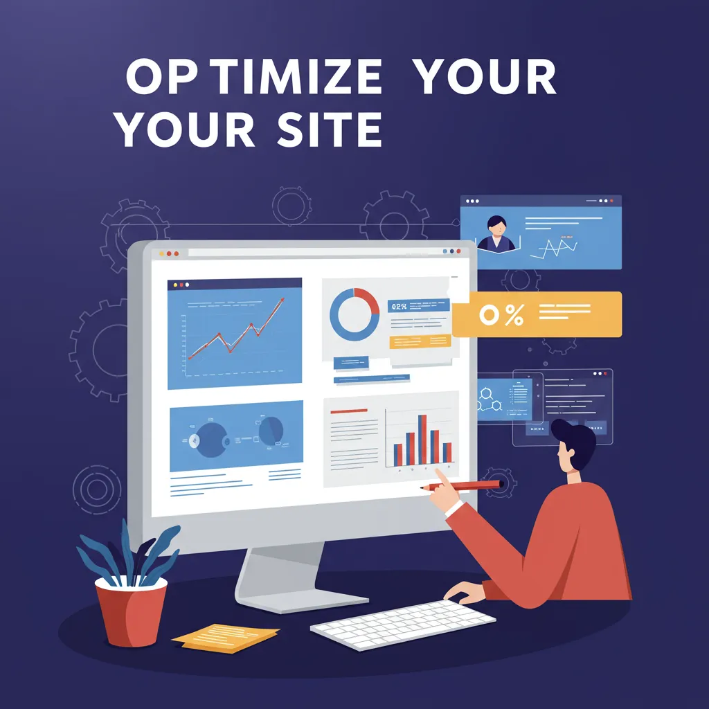 Person analyzing website optimization data on a computer screen, featuring graphs and performance metrics, with a plant and notes on the desk, emphasizing digital marketing and web design.
