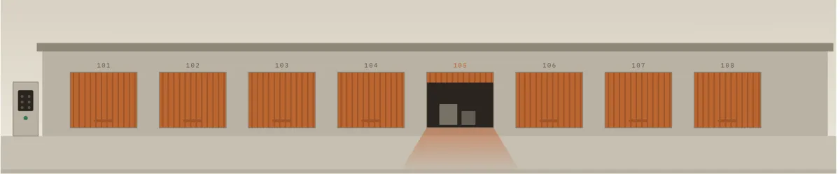 Stylized flat illustration of a self-storage facility interior. A row of orange roll-up doors against gray walls, with a warm light beaming out from under the central door.