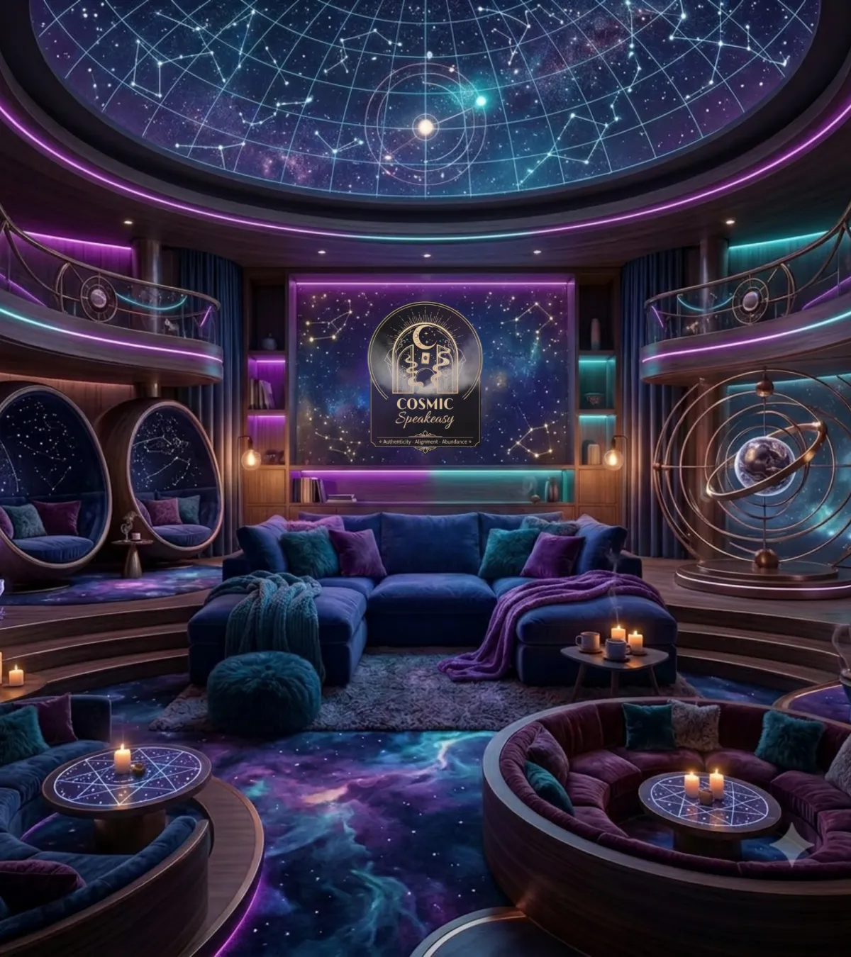 An ultra-premium, moody digital lounge called The Cosmic Speakeasy. The room features a deep indigo velvet sectional sofa, custom circular conversation pits embedded in the floor with glowing geometric star-pattern tables, a massive glass dome ceiling displaying detailed astrological constellations, neon purple and teal accent lighting trims, and a golden decorative armillary sphere orbiting an inner globe on a raised wooden platform.