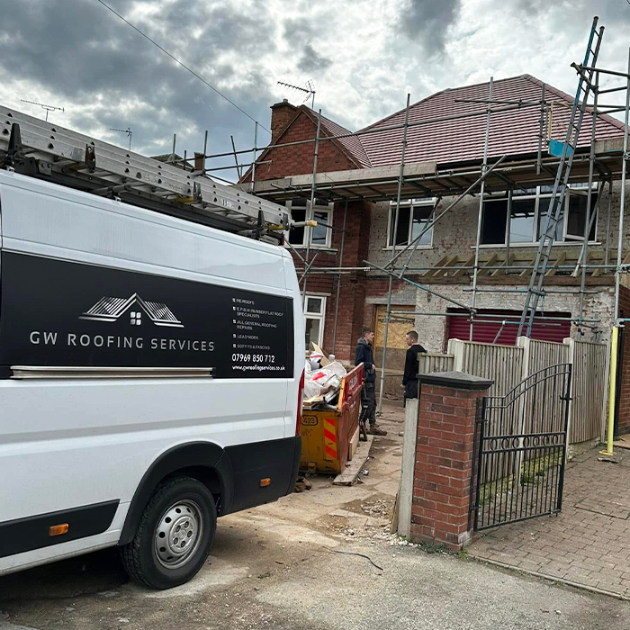 gw roofing services van at a roof replacement in Nottingham