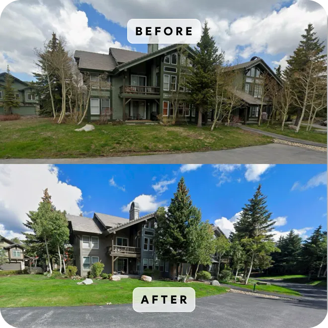 Before and after landscaping transformation of a residential property with improved lawn, trees, and curb appeal