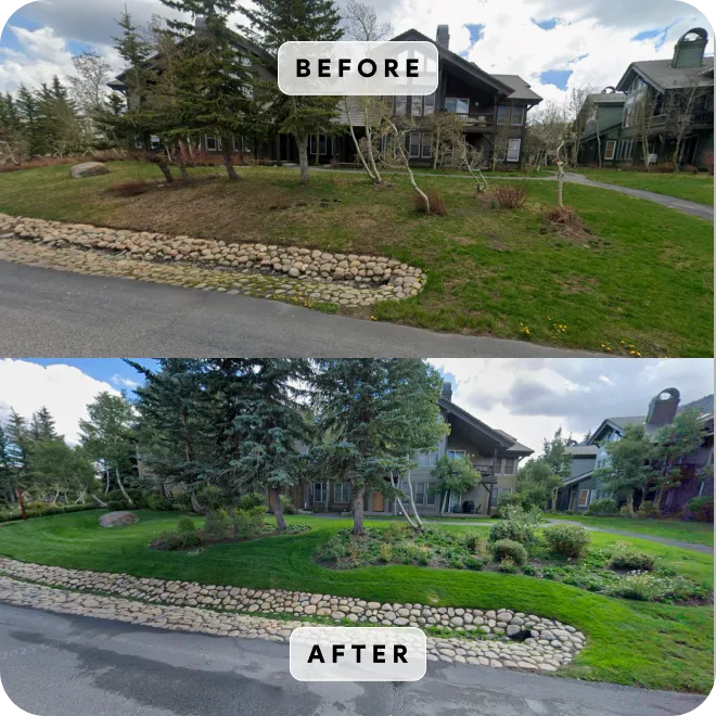 Before and after landscaping with patchy yard upgraded to a manicured lawn with stone edging and garden beds