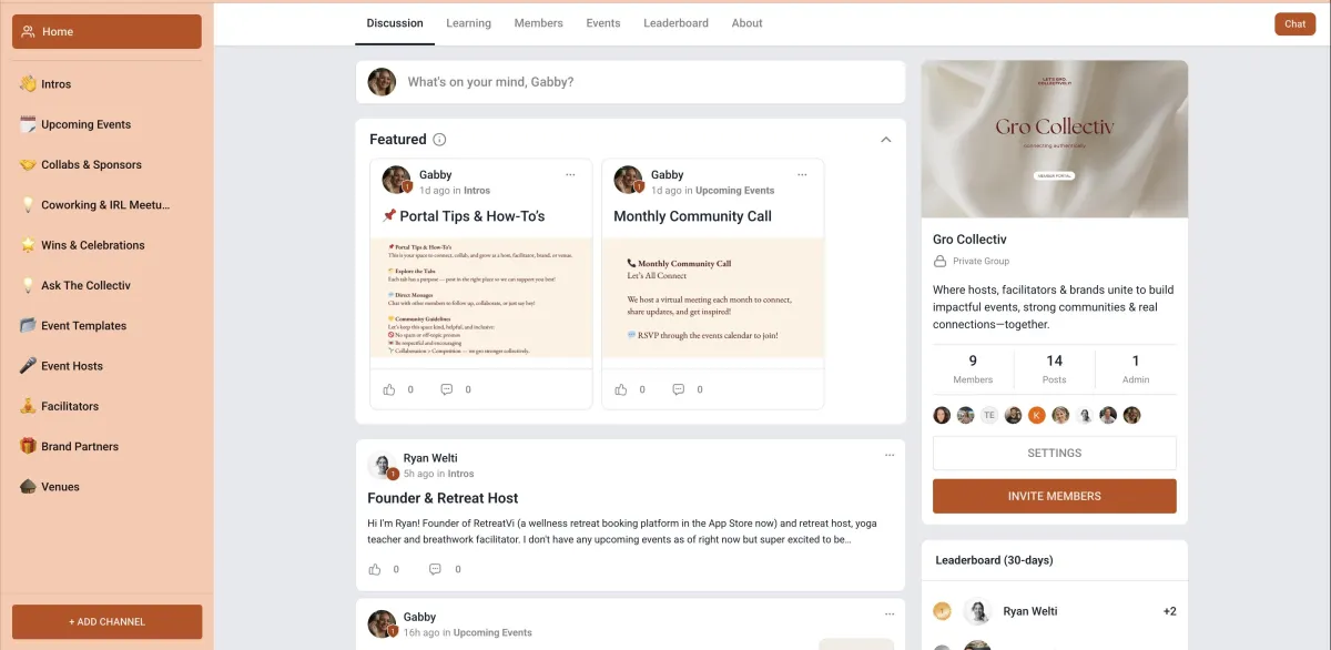 Gro Collectiv Portal dashboard showing community chat, templates, events, and facilitator tools