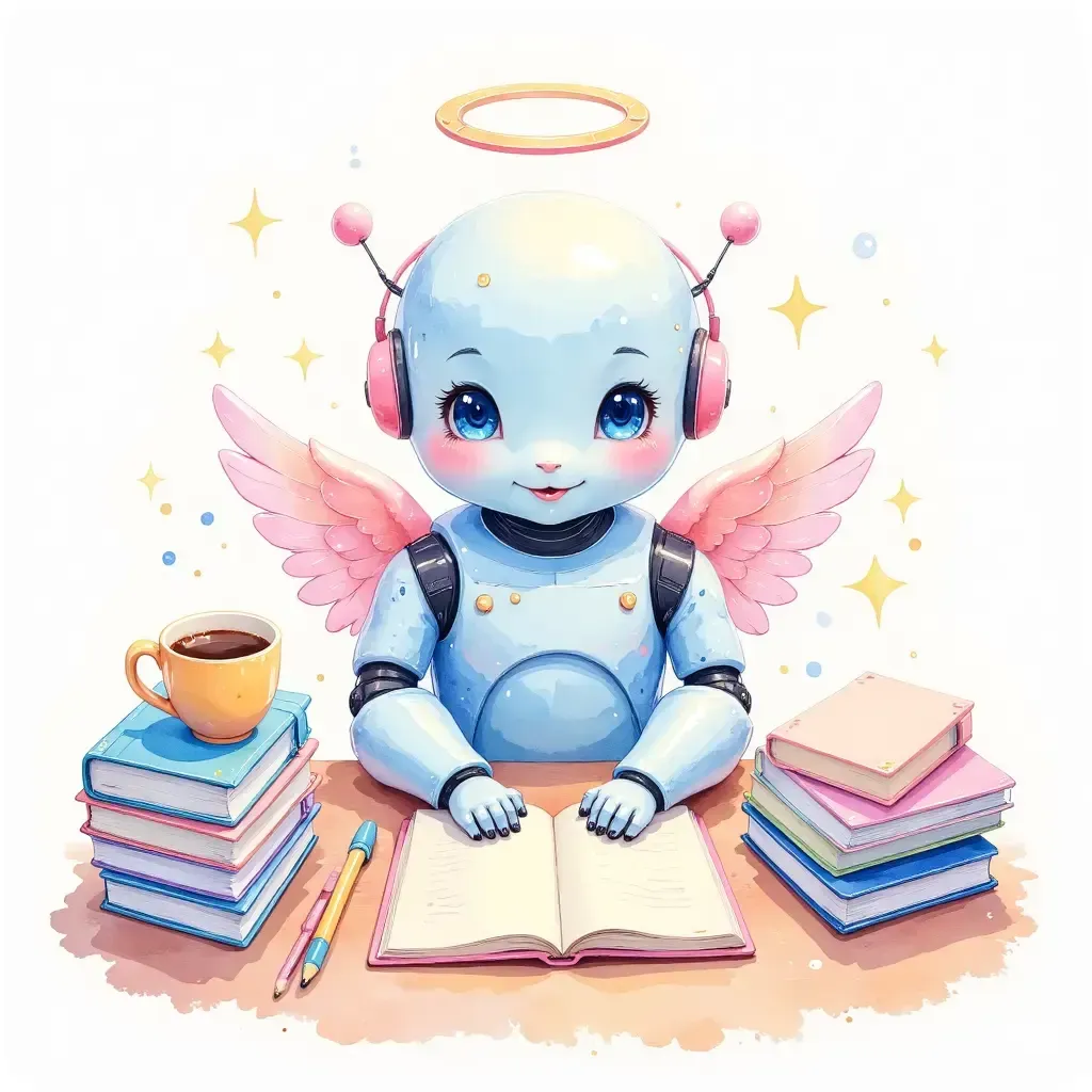 Blue robot with pink wings and a halo sits at a desk with stacks of books, an open notebook, and a cup of coffee, surrounded by sparkles and soft colors, portraying a focused, angelic character.