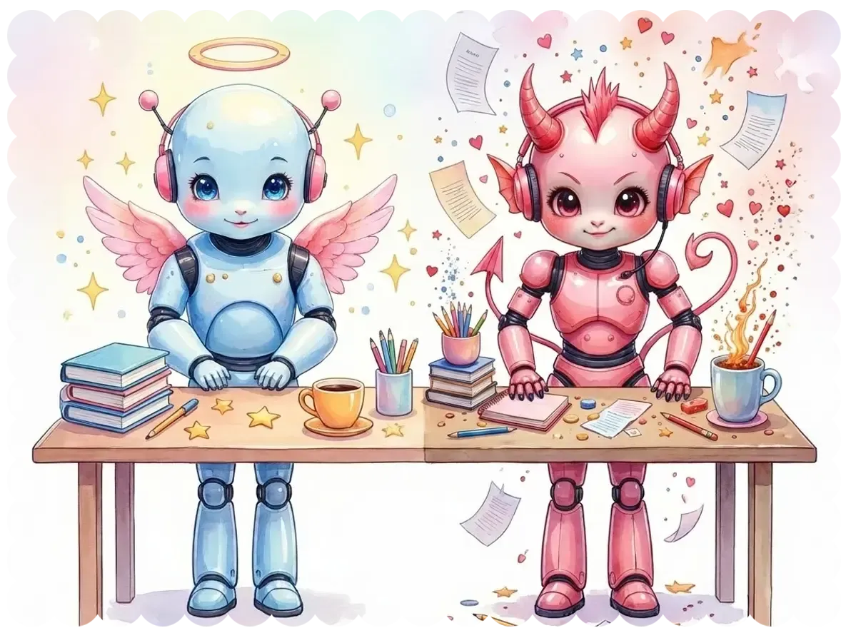 Two cartoonish GPT robots sit at a shared desk, each representing opposite personas. On the left, Aura the Biz Builder is a blue, angelic bot with pink wings and a halo, surrounded by stars and books. On the right, Ember the Biz Wrecker is a red, devilish bot with horns, a tail, and hearts floating around, working amid a mess of papers, coffee, and creativity.