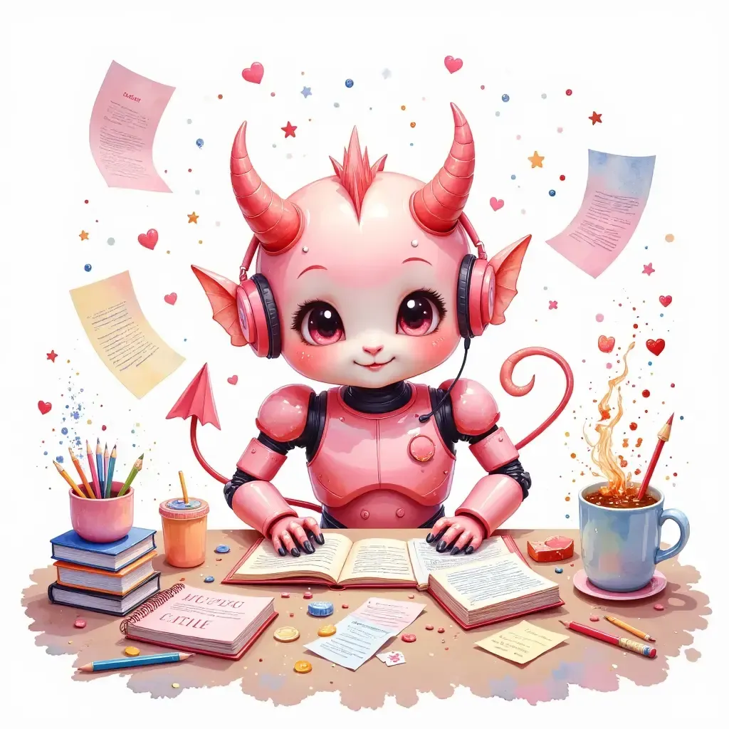 Pink devil-themed robot with horns and a tail sits at a cluttered desk with open books, scattered papers, and a steaming mug, surrounded by hearts and flying documents, channeling chaotic creative energy.