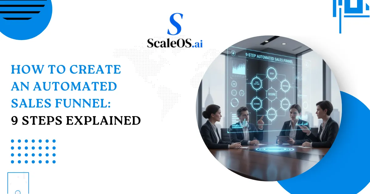ScaleOS.ai guide on how to create an automated sales funnel in 9 steps showing a professional team collaborating around a digital flowchart.