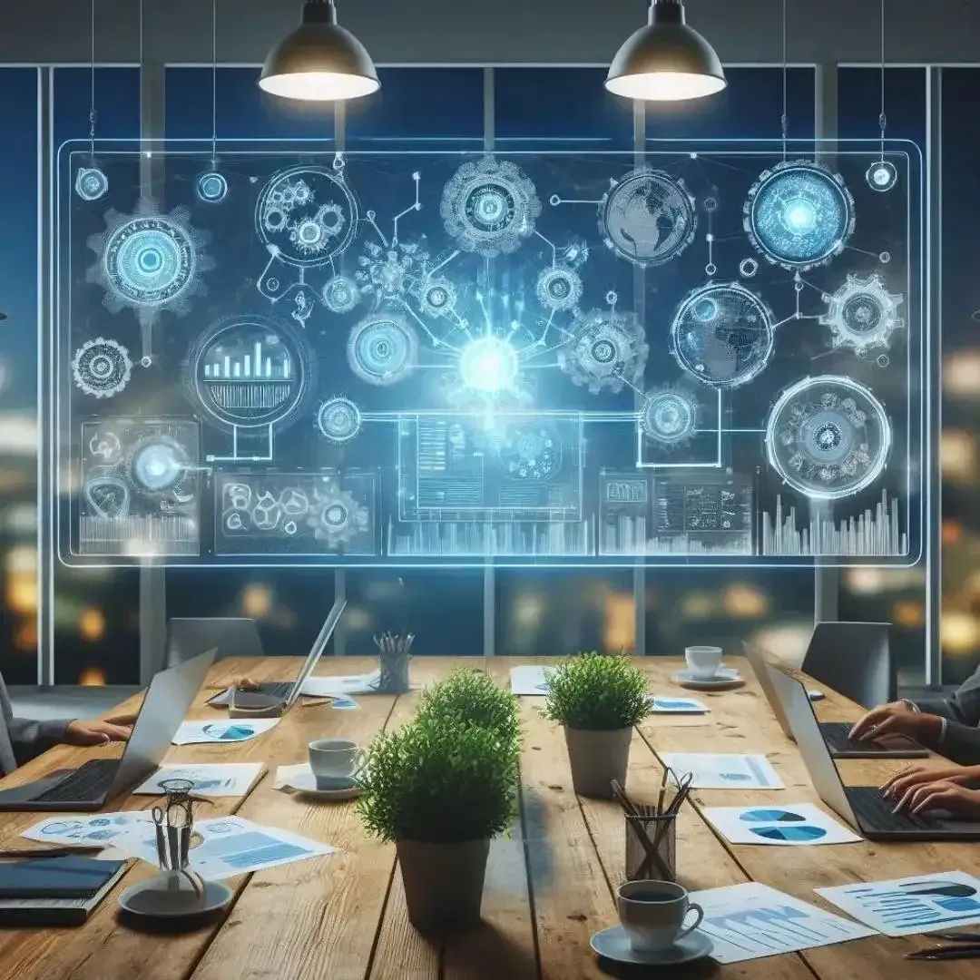 Futuristic corporate meeting space with digital displays for RevOps strategy.