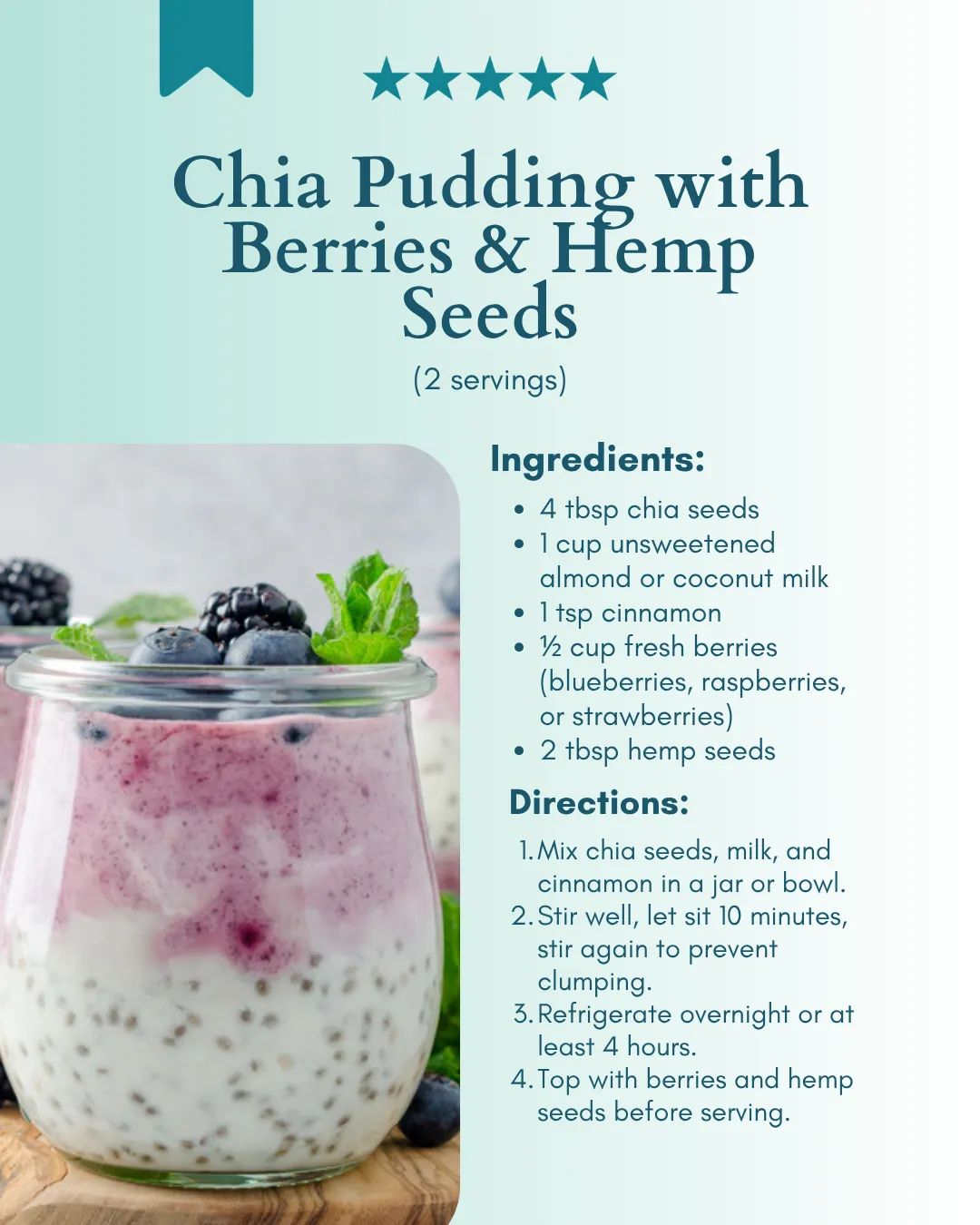 A jar of chia pudding topped with fresh berries and hemp seeds.
