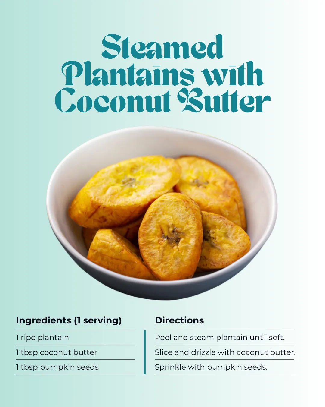 A bowl of steamed plantains slices drizzled with coconut butter and sprinkled with pumpkin seeds.