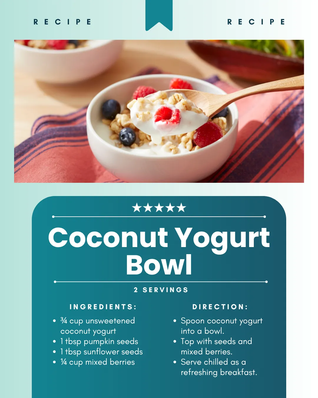 Bowl of coconut yogurt topped with mixed berries and seeds on a striped napkin