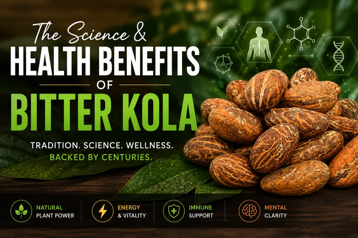 Bitter kola nuts in basket with scientific wellness graphics and lush green leaves.